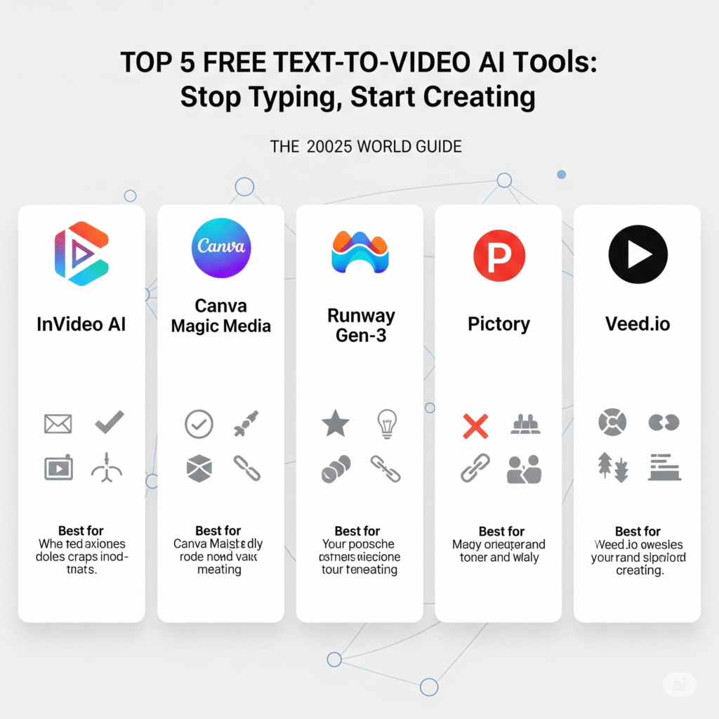 An infographic titled "Top 5 Free Text-to-Video AI Tools" listing five platforms for 2025: InVideo AI, Canva Magic Media, Runway Gen-3, Pictory, and Veed.io, each with its corresponding logo.