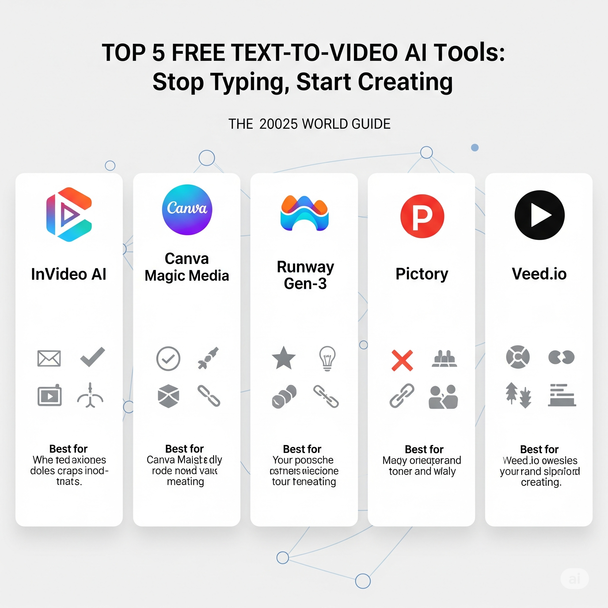 An infographic titled "Top 5 Free Text-to-Video AI Tools" listing five platforms for 2025: InVideo AI, Canva Magic Media, Runway Gen-3, Pictory, and Veed.io, each with its corresponding logo.